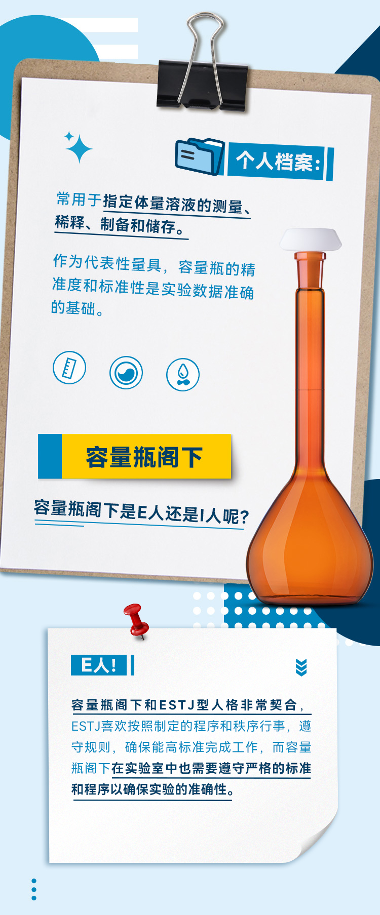 常用于指定体量溶液的测量、稀释、制备和储存。作为代表性量具，容量瓶的精准度和标准性是实验数据准确的基础。容量瓶阁下是E人还是I人呢？