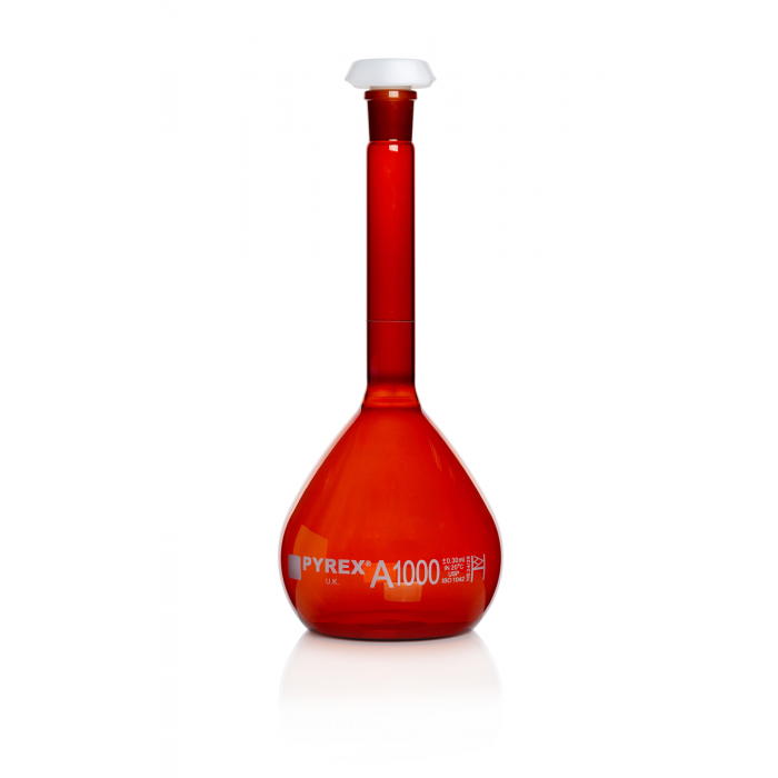 Pyrex® 容量瓶，A 级，棕色，USP/ISO/DIN 公差，1000 mL