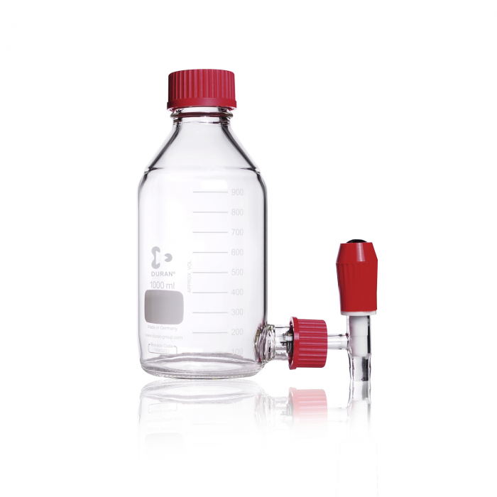 DURAN® 抽吸瓶（水平），带 GL 45螺旋盖（PBT，红色）和 GL 32底部旋塞（玻璃，PTFE），1000 mL