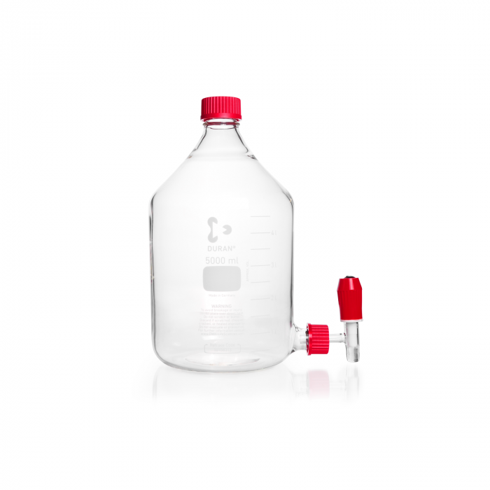 DURAN® 抽吸瓶（水平），带 GL 45 螺旋盖（PBT，红色）和 GL 32 底部瓶塞（玻璃，PTFE），5000 mL