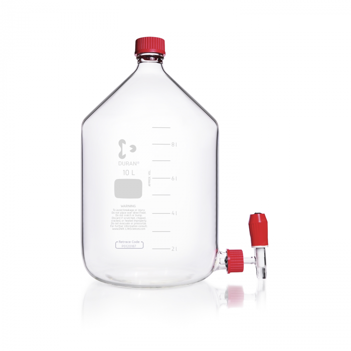 DURAN® 抽吸瓶（水平），带 GL 45 螺旋盖（PBT，红色）和 GL 32 底部旋塞（玻璃，PTFE），10000 mL