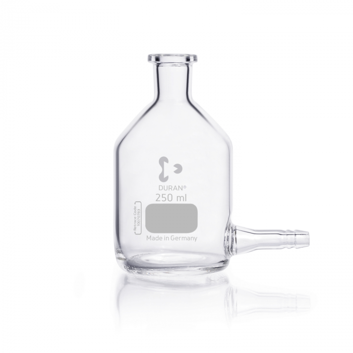 DURAN® 抽吸瓶（水平），非磨砂瓶颈，底部装有11 ml管道接头，不带塞子，250 mL