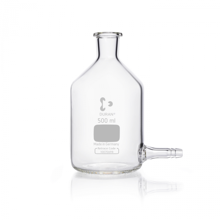 DURAN® 抽吸瓶（水平），非磨砂瓶颈，底部装有11 ml管道接头，不带塞子，500 mL