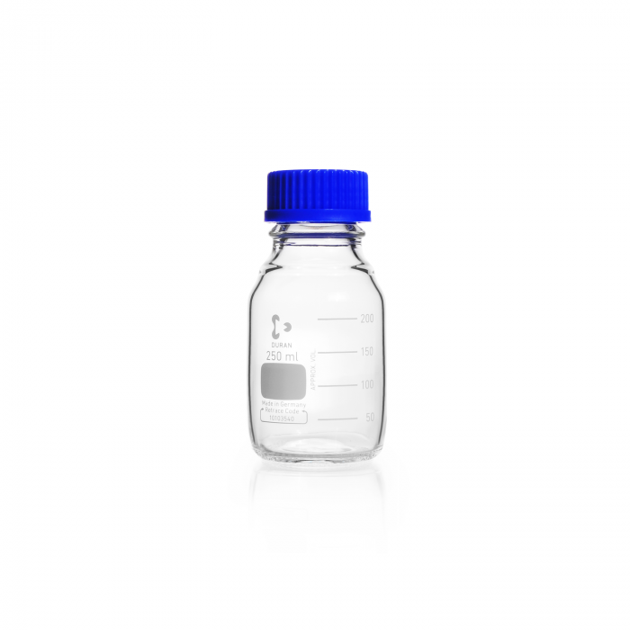 DURAN® 原装GL45透明实验室瓶，带螺旋盖和倾倒环，PP，蓝色，250ml