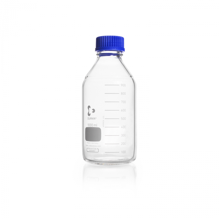 DURAN® 原装GL45透明实验室瓶，带螺旋盖和倾倒环，PP，蓝色，1000ml