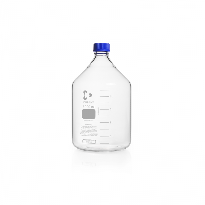 DURAN® 原装GL45透明实验室瓶，带螺旋盖和倾倒环，PP，蓝色，5000ml
