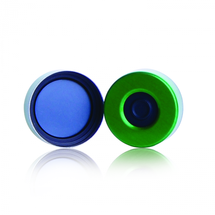 WHEATON® µL MicroLiter® 20 mm 压接密封件，带隔膜，AlumiTin™ 大开口，聚四氟乙烯/模制丁基橡胶