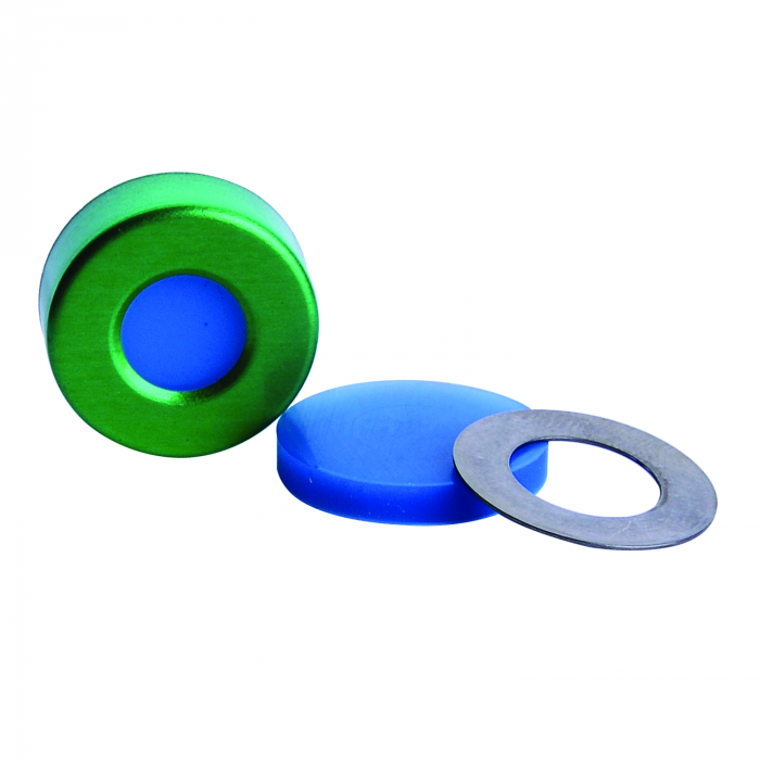 WHEATON® µL MicroLiter® 20 mm压接密封件，带隔膜，AlumiTin™大开口，天然PTFE/蓝色硅胶，0.125"