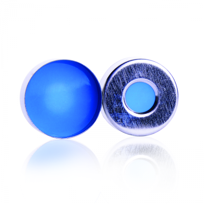 WHEATON® µL MicroLiter® 20 mm 压接密封件（带隔膜），钢制压接密封围裙，天然聚四氟乙烯/蓝色硅树脂，0.125"，加长型围裙