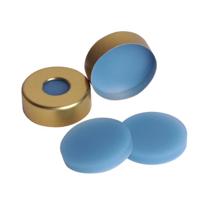 WHEATON® µL MicroLiter® 20 mm 压接密封件（带隔膜），钢制压接密封围裙，天然聚四氟乙烯/蓝色硅树脂，0.125"，标准围裙