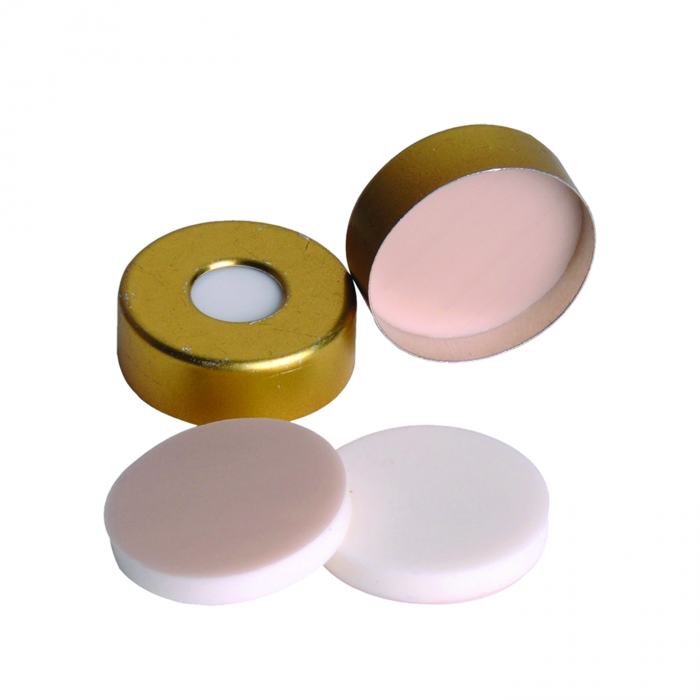 WHEATON® µL MicroLiter® 20 mm 压接密封件（带隔膜），钢制压接密封围裙，棕褐色聚四氟乙烯/白色硅树脂，0.130"，标准围裙