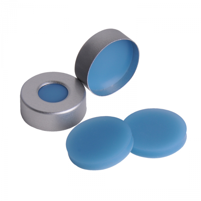 WHEATON® µL MicroLiter® 20 mm 压接密封件（带隔膜），铝压接密封件，天然 PTFE / 蓝色硅树脂