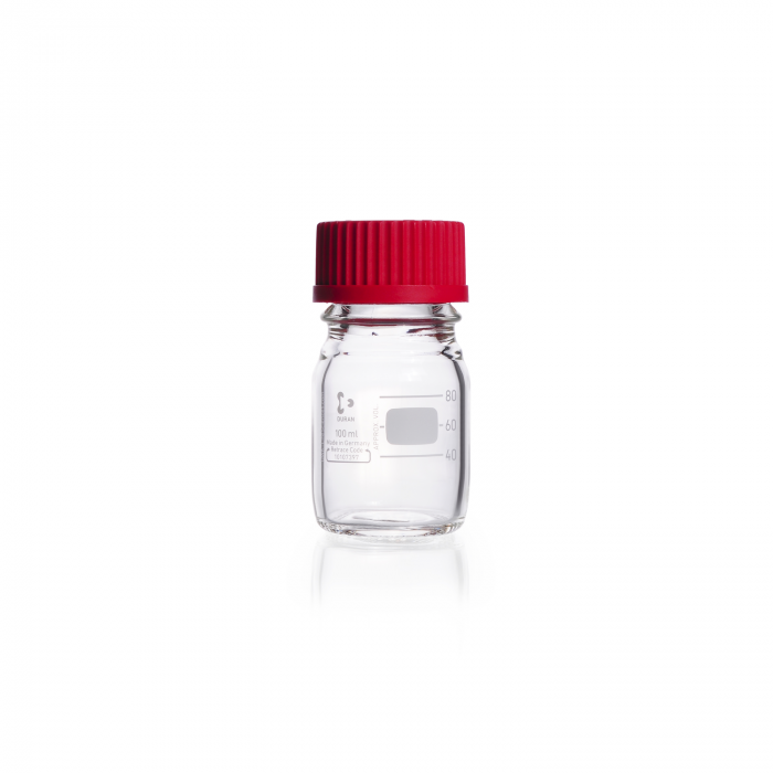 DURAN® 原装 GL 45 实验室瓶，透明，带耐高温螺旋盖（PBT，红色）和倾倒环（ETFE，红色），100ml