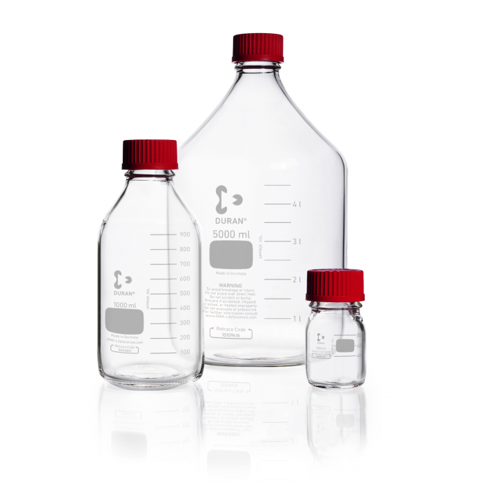 DURAN® 原装 GL 45 实验室瓶，透明，带耐高温螺旋盖（PBT，红色）和倾倒环（ETFE，红色）