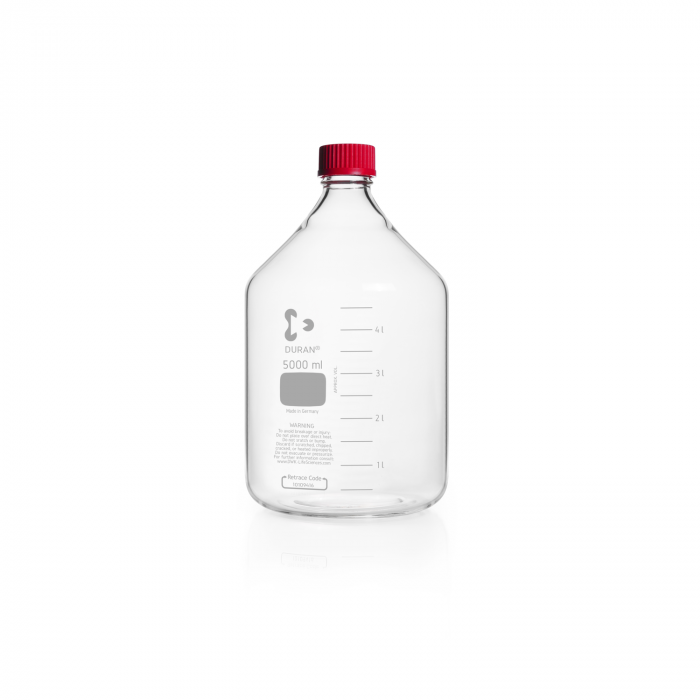 DURAN® 原装 GL 45 实验室瓶，透明，带耐高温螺旋盖（PBT，红色）和倾倒环（ETFE，红色），5000ml