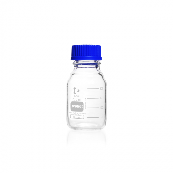 DURAN® protect GL 45 实验室瓶，透明，塑料安全涂层，带螺旋盖和倾倒环，PP，蓝色，250 mL