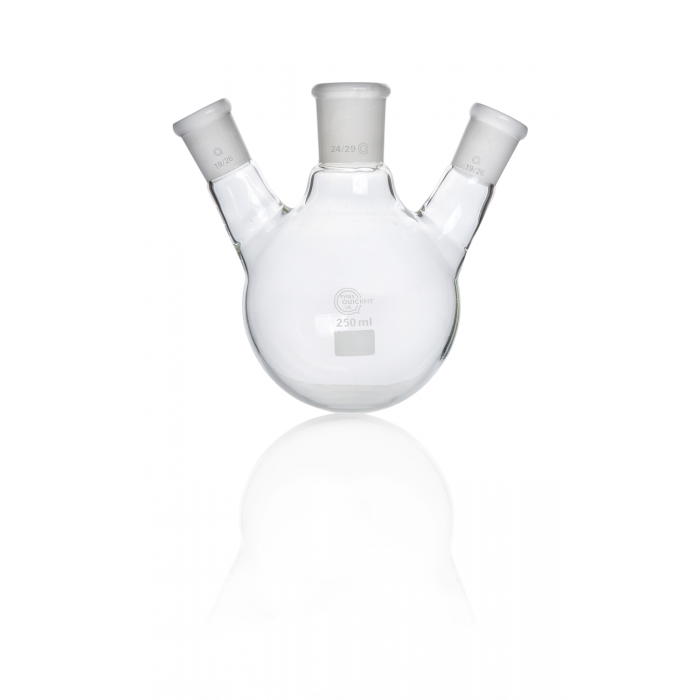 QUICKFIT® 圆底烧瓶，三颈，磨削中心插口 NS 24/29，两个斜边插口 NS 19/26，250 毫升