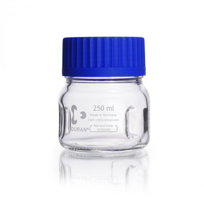 DURAN® GLS 80® 带挡板的实验室瓶, 广口, 透明, 含螺旋盖和倾倒环, PP, 蓝色, 250ml