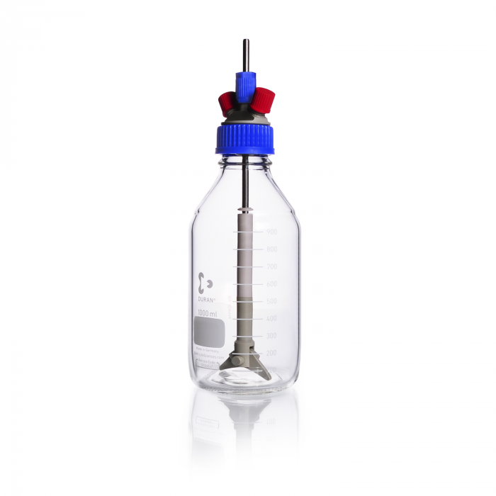 DURAN® GL 45搅拌瓶反应器套装，含1000ml透明瓶、螺旋盖（PP蓝色）、2个GL 14端口和2个GL 14红色PBT盖，以及可折叠式双叶磁性搅拌叶轮