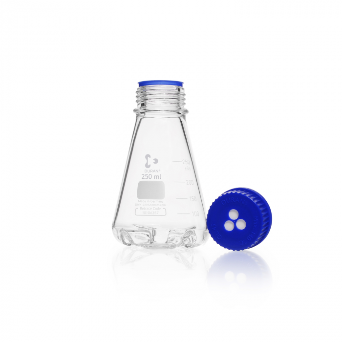 DURAN® 带挡板烧瓶，配有GL 45螺纹，带透气膜盖和倾倒环，250ml
