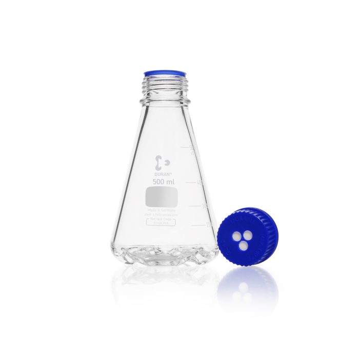 DURAN® 带挡板烧瓶，配有GL 45螺纹，带透气膜盖和倾倒环，500ml