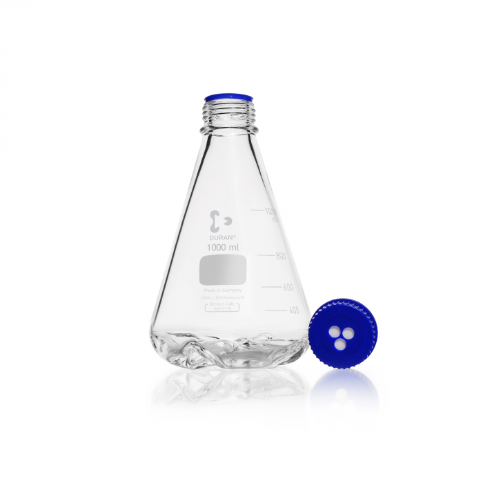 DURAN® 带挡板烧瓶，配有GL 45螺纹，带透气膜盖和倾倒环，1000ml