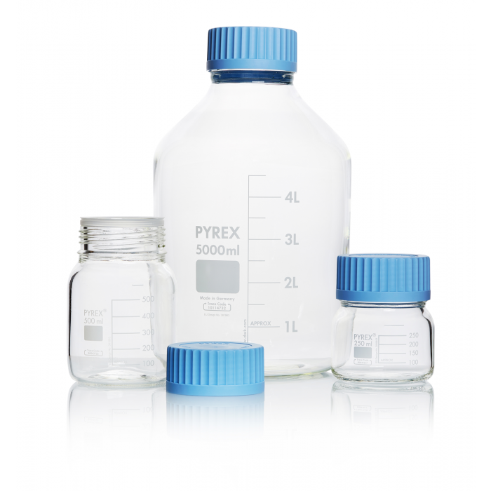 PYREX®瓶，实验室培养基，广口，带盖和倾倒环