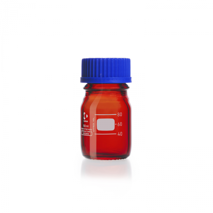 DURAN® 原装，棕色实验室瓶，带螺旋盖和倾倒环，PP，蓝色，100ml