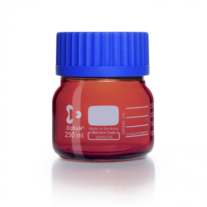 DURAN® GLS 80® 棕色广口实验室瓶，带螺旋盖和倾倒环（PP，蓝色），250ml