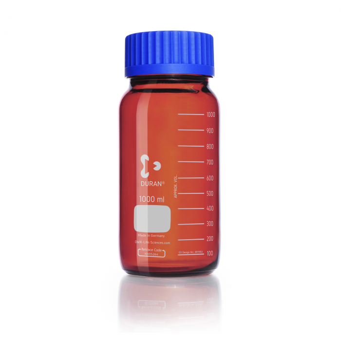 DURAN® GLS 80® 棕色广口实验室瓶，带螺旋盖和倾倒环（PP，蓝色），1000ml