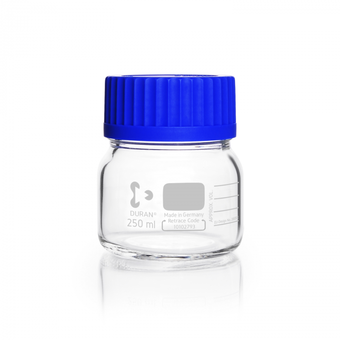 DURAN® GLS 80® 广口实验室瓶，透明，带螺旋盖和倾倒环，PP，蓝色，250ml