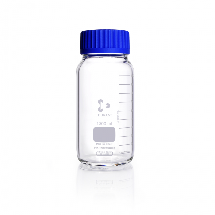 DURAN® GLS 80® 广口实验室瓶，透明，带螺旋盖和倾倒环，PP，蓝色，1000ml
