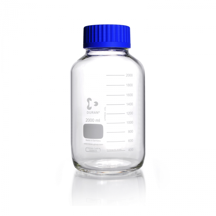 DURAN® GLS 80® 广口实验室瓶，透明，带螺旋盖和倾倒环，PP，蓝色，2000ml