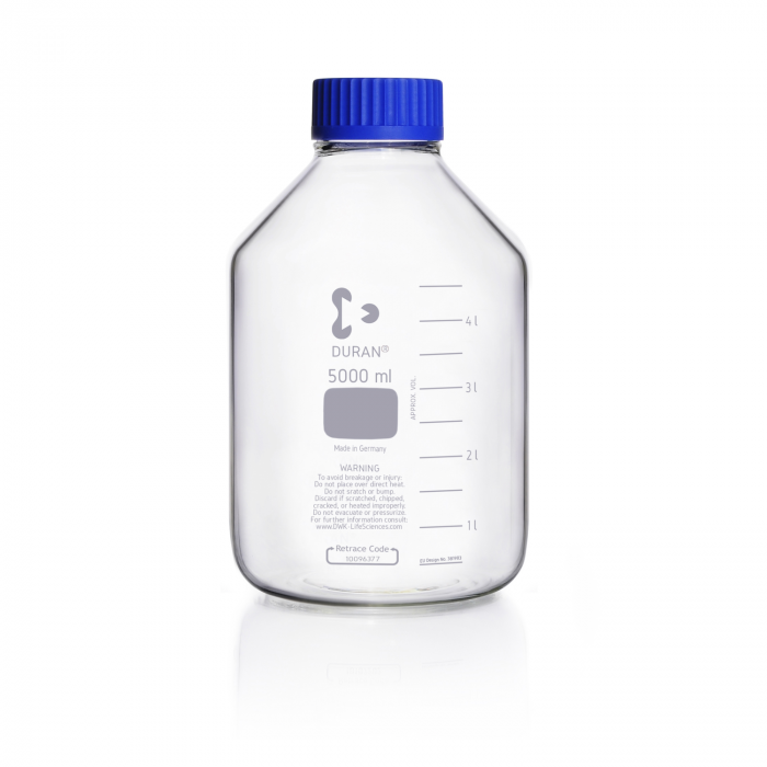 DURAN® GLS 80® 广口实验室瓶，透明，带螺旋盖和倾倒环，PP，蓝色，5000ml