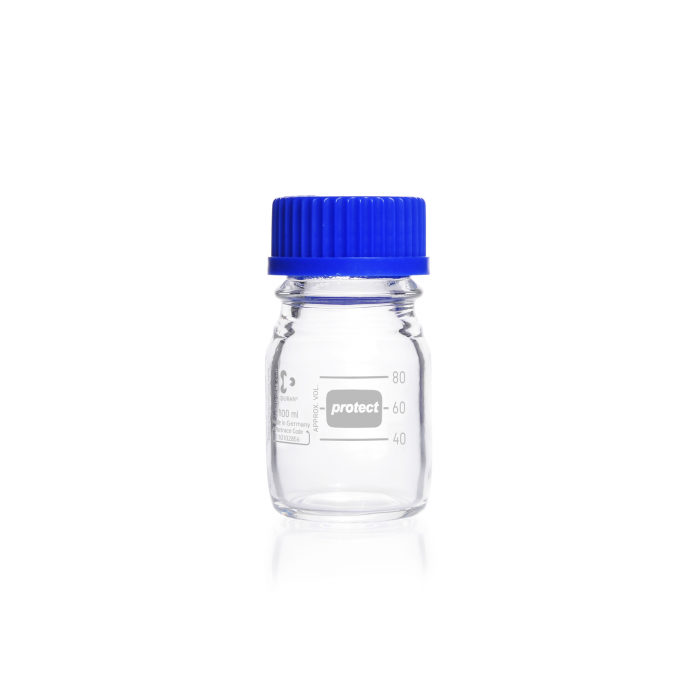 DURAN® protect GL 45 实验室瓶，透明，塑料安全涂层，带螺旋盖和倾倒环，PP，蓝色，100 mL