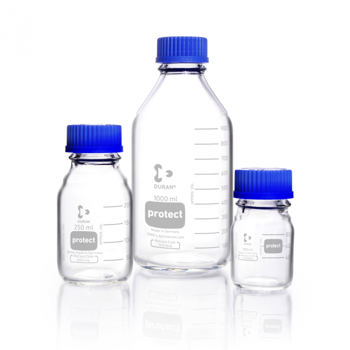 DURAN® protect GL 45 实验室瓶，透明，塑料安全涂层，带螺旋盖和倾倒环，PP，蓝色，150 mL