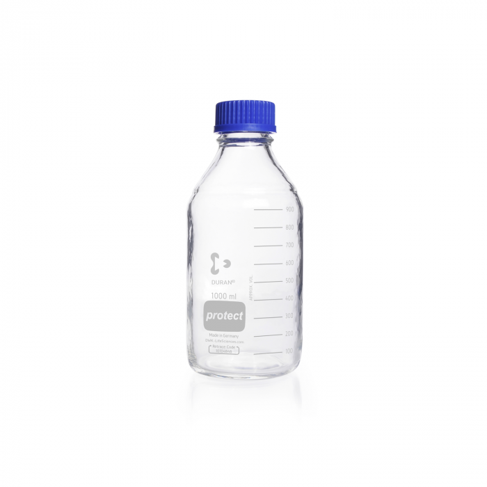 DURAN® protect GL 45 实验室瓶，透明，塑料安全涂层，带螺旋盖和倾倒环，PP，蓝色，1000 mL