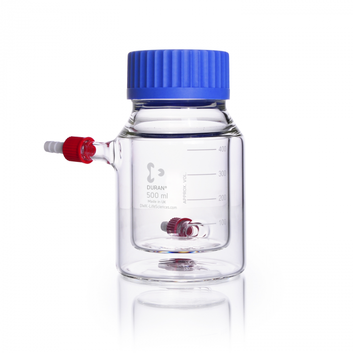 DURAN® GLS 80® 实验室瓶，双壁（夹套），宽口，透明，带螺旋盖和倾倒环，PP，蓝色，500ml