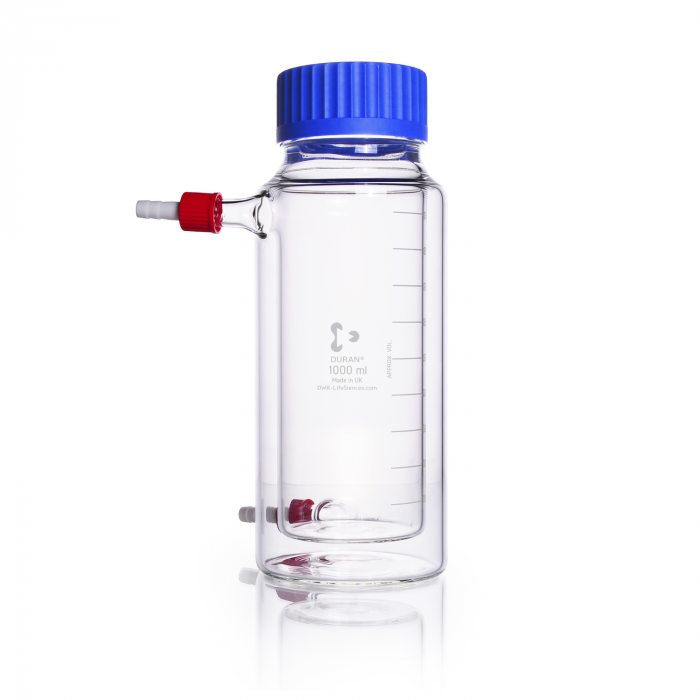DURAN® GLS 80® 实验室瓶，双壁（夹套），宽口，透明，带螺旋盖和倾倒环，PP，蓝色，1000ml