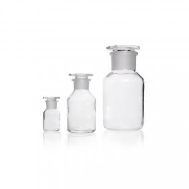 宽颈钠钙玻璃透明试剂瓶，带标准磨制玻璃平头瓶塞，500 mL