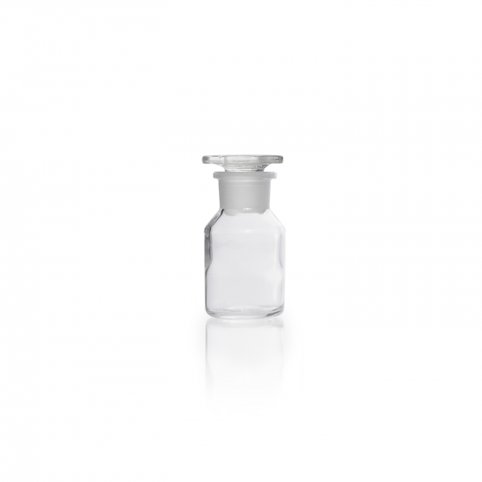 宽颈钠钙玻璃透明试剂瓶，带标准磨制玻璃平头瓶塞，50 mL
