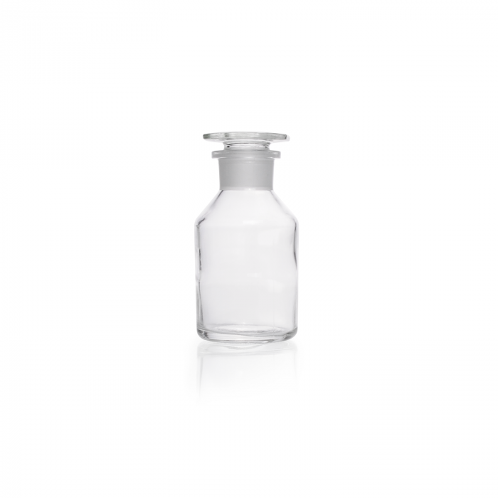 宽颈钠钙玻璃透明试剂瓶，带标准磨制玻璃平头瓶塞，250 mL
