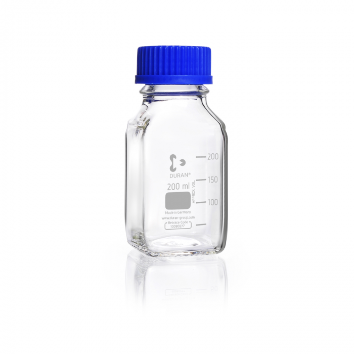 DURAN® GL 45 实验室方形瓶，透明，带螺旋盖和倾倒环，PP，蓝色，250 mL