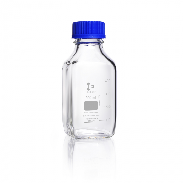 DURAN® GL 45 实验室方形瓶，透明，带螺旋盖和倾倒环，PP，蓝色，500 mL