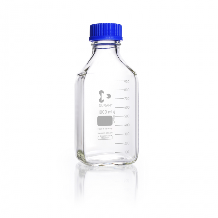 DURAN® GL 45 实验室方形瓶，透明，带螺旋盖和倾倒环，PP，蓝色，1000 mL