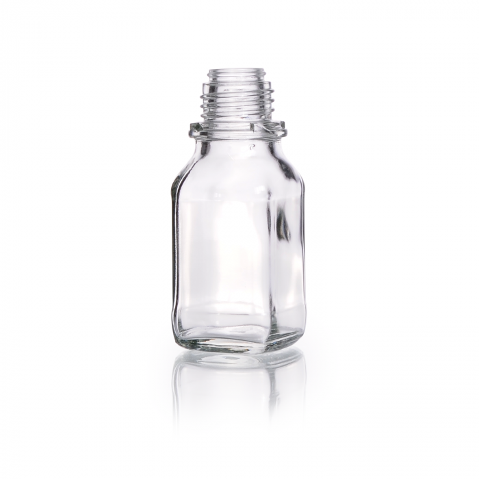 螺口瓶，方形，钠钙色，透明，窄口，高身，带 DIN 32 H 螺纹，100 mL