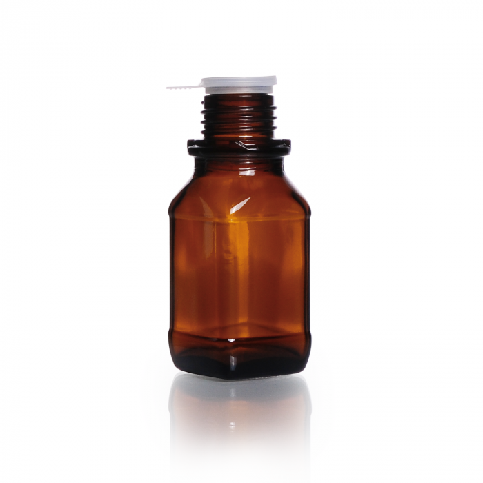 螺旋盖瓶，方形，钠钙色，棕色，窄口，高身，带 DIN 32 H 螺纹，100 mL