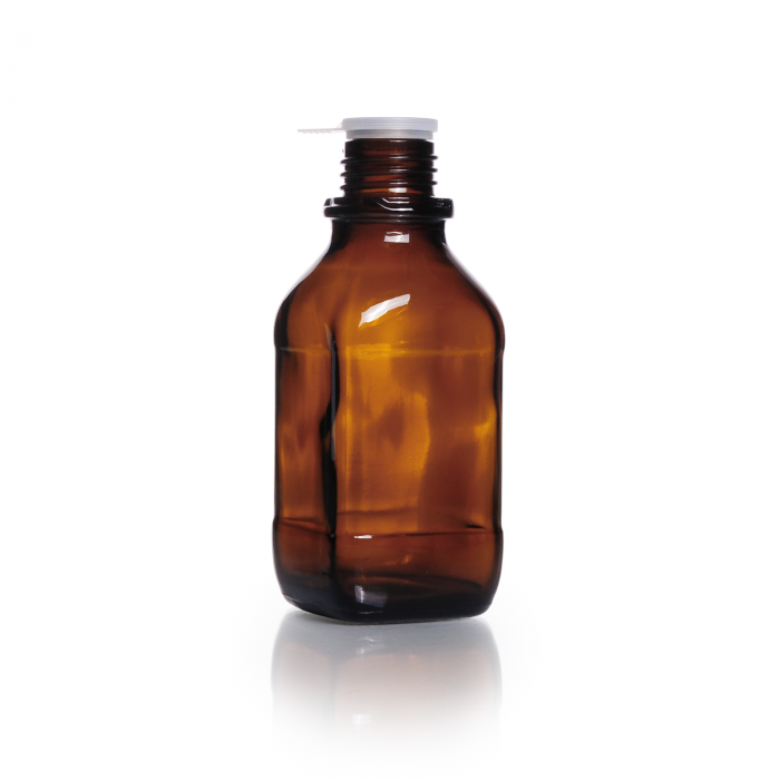 螺旋盖瓶，方形，钠钙色，棕色，窄口，高身，带 DIN 32 H 螺纹，250 mL