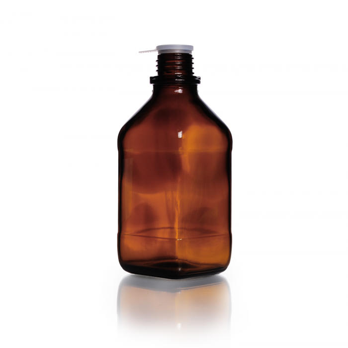 螺旋盖瓶，方形，钠钙色，棕色，窄口，高身，带 DIN 32 H 螺纹，500 mL