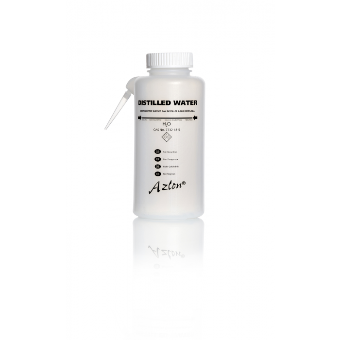 AZLON®清洗瓶，圆形一体式，多语种，500 毫升蒸馏水